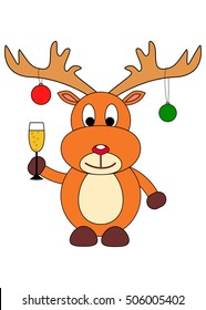 Christmas card. Cartoon deer with a  glass of champagne in his hand and christmas balls on his horns. Christmas symbol.