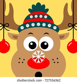 Christmas card. Cartoon deer with snowflake on his nose on a yellow background. Vector clipart