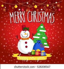 Christmas card cartoon design vector. Happy New Year greetings card. Merry Christmas poster with vector christmas symbols. Christmas tree ornaments of santa, gifts bag, snowmen, snow.