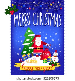 Christmas card cartoon design vector. Happy New Year greetings card. Merry Christmas poster with vector christmas symbols. Christmas tree ornaments of santa, gifts bag, snowmen, snow.