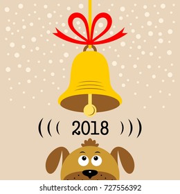 Christmas card. Cartoon dog and bell on a light background. Vector clipart