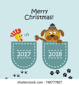 Christmas card. A cartoon dog with a cock. Vector illustration