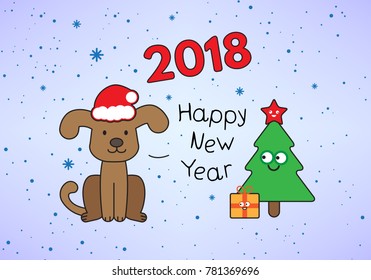 Christmas card with cartoon dog and christmas tree. Vector illustration of new year symbol