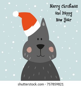 Christmas card with cartoon dog. Vector illustration.