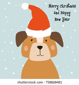 Christmas Card With Cartoon Dog. Vector Illustration.