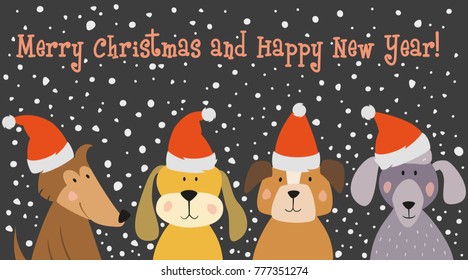 Christmas card with cartoon dogs. Vector illustration.