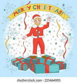 Christmas card. Cartoon Christmas elf or gnome character standing on boxes with gifts on retro background. Vector clip art illustration.