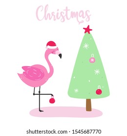 Christmas card with cartoon flamingo and fir tree. 2020 Happy New Year design.