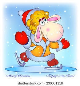 Christmas card. Cartoon funny sheep goes for a drive on skates.