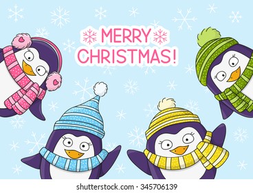 Christmas card with cartoon penguins