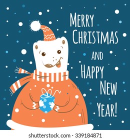 Christmas card with cartoon polar  bear holding a gift.