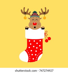 Christmas card. A cartoon reindeer in a Christmas sock. Vector illustration