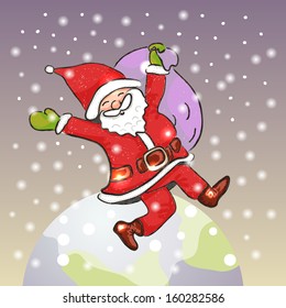 Christmas card cartoon Santa Claus in a jump above the Earth with gifts, sprinkle snow. Used clipping mask.