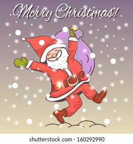 Christmas card cartoon Santa Claus with gifts, sprinkle snow. Used clipping mask.