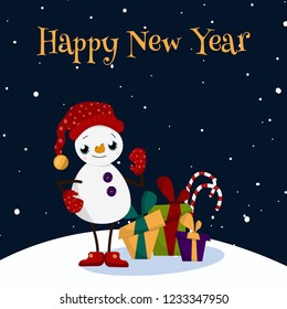 Christmas card with cartoon snowman with gift boxes . Snow on blue background. Snowman with red scarf, mittens and santa claus hat. Vector winter character.