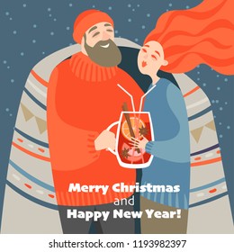 Christmas card in cartoon style. Cute couple drinks mulled wine on a cold winter day. 