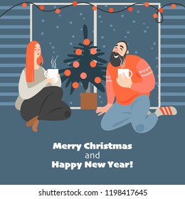 Christmas card in cartoon style. Cute couple drinks hot cocoa from large white mugs on a cold winter day. 