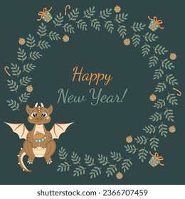 Christmas card in cartoon style. A cute dragon is sitting and holding a Christmas ball. A little dinosaur. A wreath of twigs with leaves, Christmas balls, gift boxes, sweets. Happy New Year!