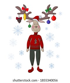 Christmas card. The cartoon style depicts a deer in a red herringbone sweater, hat and green pants, he is thin and funny, with Christmas decorations and bows hanging on his horns. 