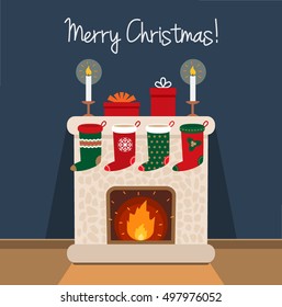 Christmas card in a cartoon style flat. Burning fireplace and gifts. vector illustration.