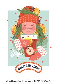 Christmas card in cartoon style. The girl drinks mulled wine. Vector illustration.