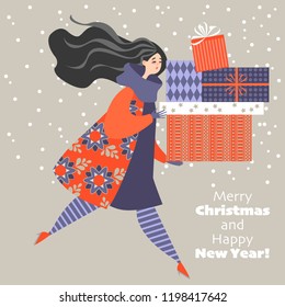 Christmas card in cartoon style. Lovely girl in a hurry with gifts