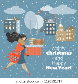 Christmas card in cartoon style. Lovely girl in a hurry with gifts on a cold winter night