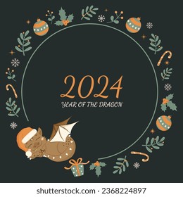 Christmas card in cartoon style. A sleeping fairy-tale monster. A little dinosaur. A wreath of twigs with leaves, Christmas balls, gift box, sweets. 2024 is the year of the dragon!