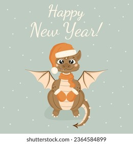 Christmas card in cartoon style. A smiling fairy-tale dragon is sitting in a Santa Claus hat, scarf and mittens. A little dinosaur. Happy New Year!