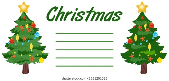 Christmas card. Cartoon Christmas tree isolated on white background. Decorations with stars, balls and garlands