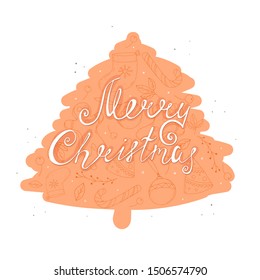 Christmas card with cartoon tree silhouette, calligraphic inscription, decorative elements. vector illustration. hand drawing. Design for greeting cards, posters.