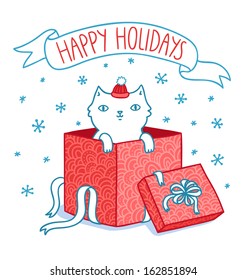 Christmas card with cat in a gift box