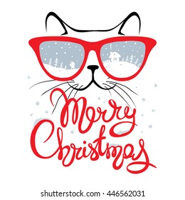 Christmas card, Cat in glasses/Funny hand drawing calligraphy, vector illustration