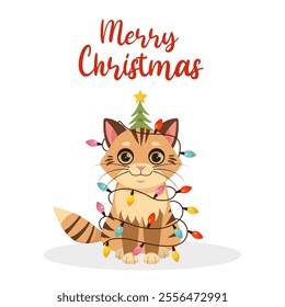 Christmas card with cat, kitten. Happy holidays. Greeting concept. Ideal for print, postcard or label. New Year card. Vector illustration on a white background.