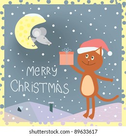 Christmas card with a cat on the roof and a mouse on the moon