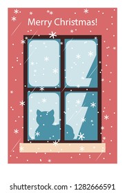Christmas card with a cat on the window, vector illustration. merry Christmas! winter greeting card.