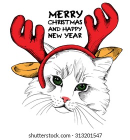 Christmas card. Cat portrait in mask Santa's antler reindeer. Vector illustration.