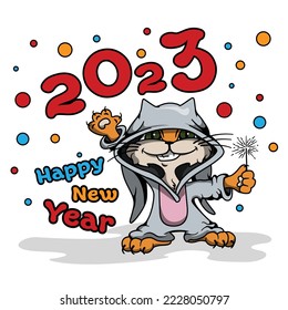 
Christmas card. Cat in a rabbit costume wishes Happy New Year 2023