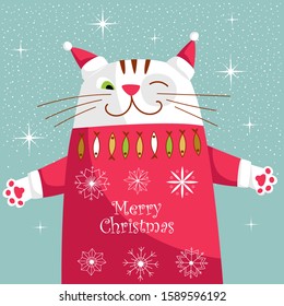 Christmas card with a cat. cat in Santa hat and sweater. vector illustration