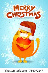 Christmas card with cat, Santa hat and text. Vector illustration eps10