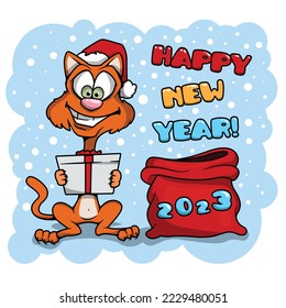 Christmas card. Cat - a symbol of 2023 gives a gift and wishes a happy new year
