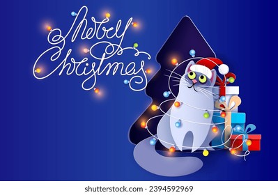 Christmas card with cat who got tangled up in garland near Christmas tree. Merry Christmas and Happy New Year Funny banner. Vector illustration paper cut style