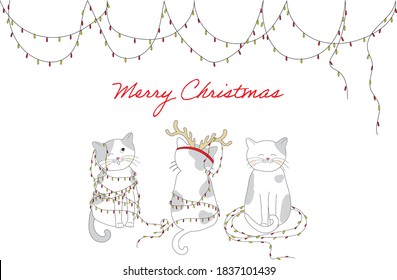 Christmas card with cats. Happy New Year. Cat in garlands. Isolated white background. Merry Christmas. Doodle. 