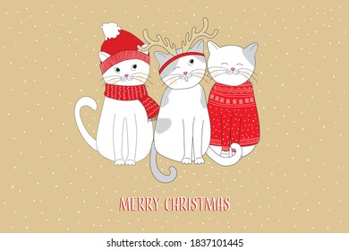 Christmas card with cats. Happy New Year. Cat in garlands. Isolated white background. Merry Christmas. Doodle. 
