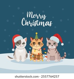 Christmas card with cats, kittens. Happy holidays. Greeting concept. Ideal for print, postcard or label. New Year card. Vector illustration on a white background.