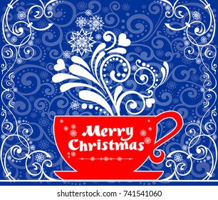 Christmas card. Celebration background with cup and place for your text. Christmas cup with floral design elements. Menu for restaurant, cafe, bar, tea-house. Vector Illustration