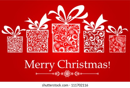 Christmas card. Celebration background with gift boxes and place for your text. vector illustration