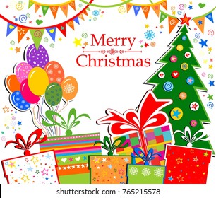 Christmas card. Celebration background with Christmas tree, balls, gift box and place for your text. Vector Illustration