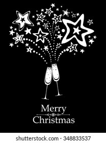 Christmas card. Celebration black background with Two Glasses of champagne, firework and place for your text. Vector illustration 