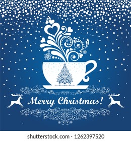 Christmas card. Celebration blue background with cup and place for your text. Christmas cup with floral design elements. Menu for restaurant, cafe, bar, tea-house. Vector Illustration
